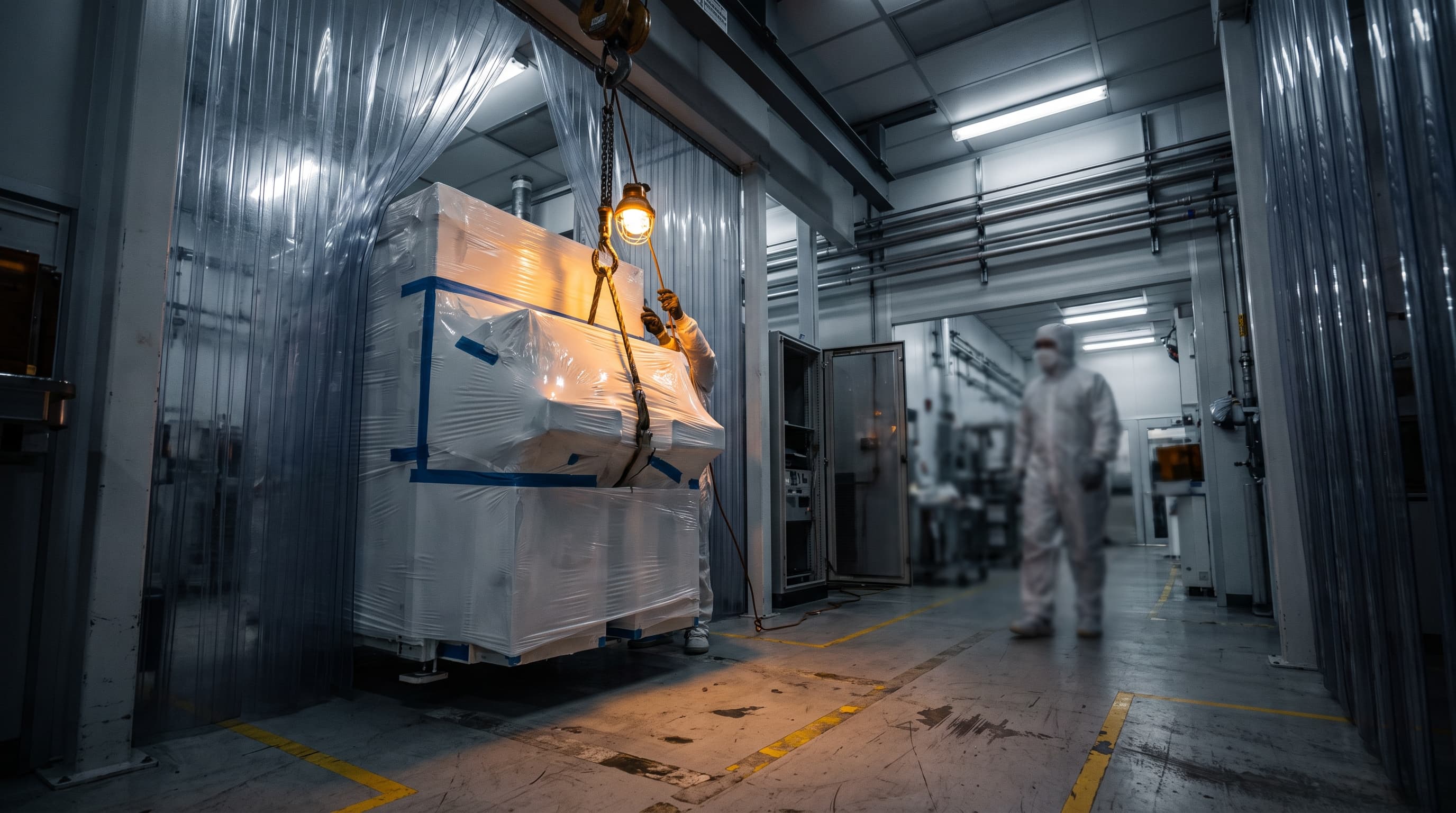 A large tool module wrapped in protective film being rigged through a plastic strip curtain into a cleanroom bay, with a gowned worker blurred in the background under amber work light.