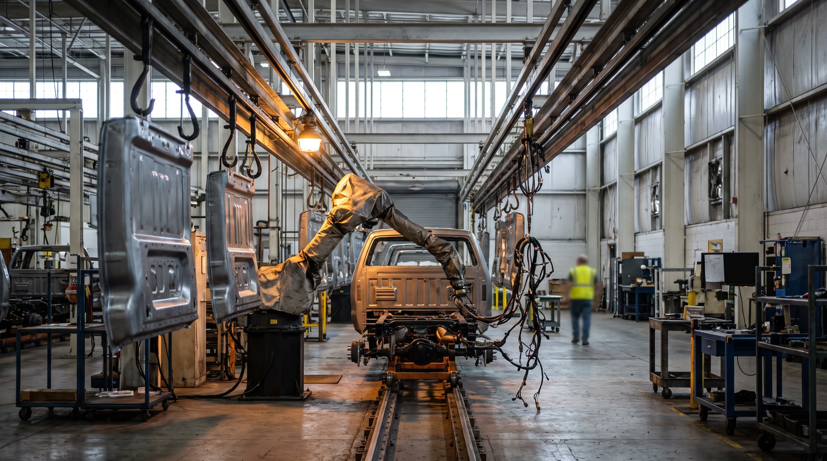A truck body line stands mid-sequence with a robotic weld arm frozen over an unfinished chassis while a worker blurs past in the distance under cool factory light.