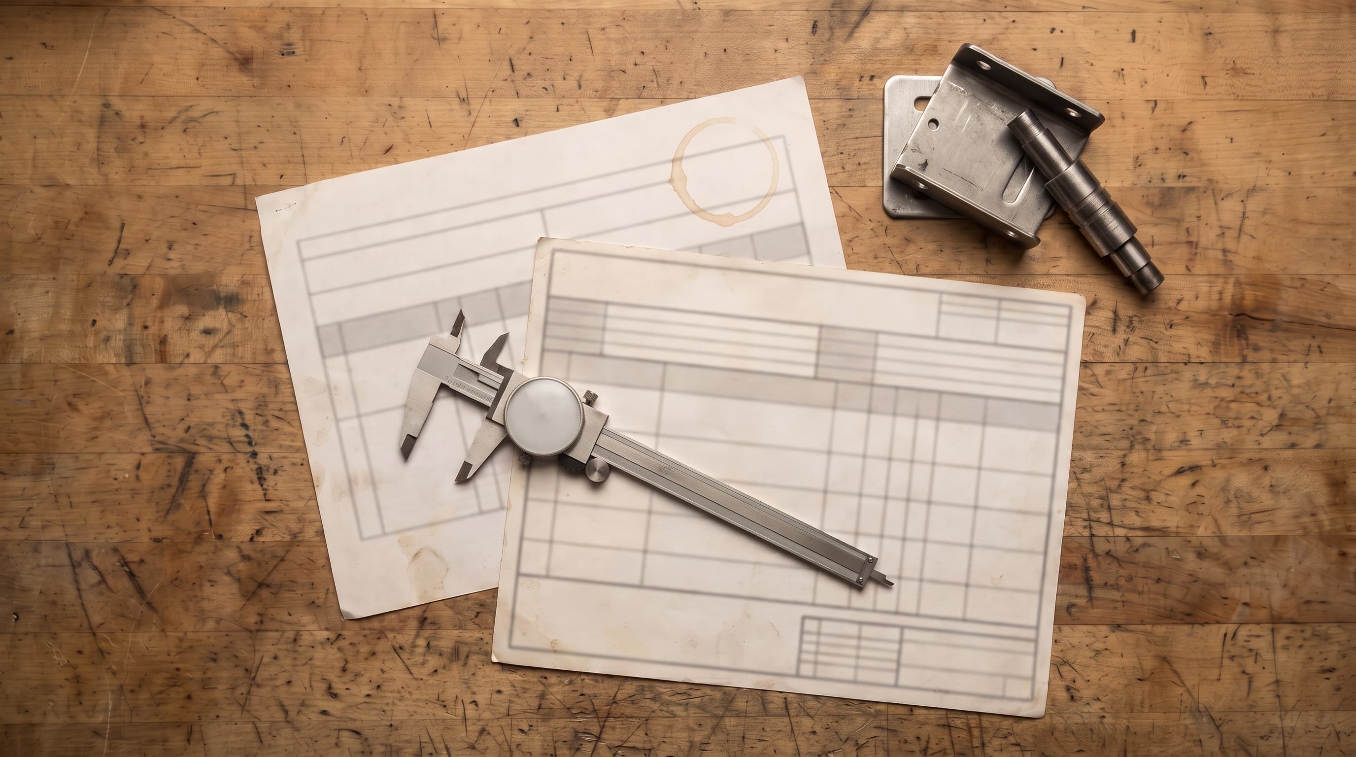 Overhead view of a workbench with a caliper laid diagonally across control-plan papers, metal sample parts in one corner, and a faint coffee-ring stain, lit by soft even overhead light.