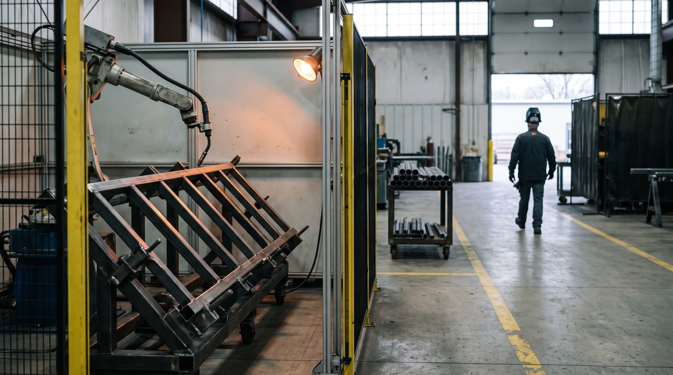 A robotic welding cell with its arm parked over a steel frame in the foreground of a fabrication shop, while a welder in a helmet walks away, blurred, in the background.