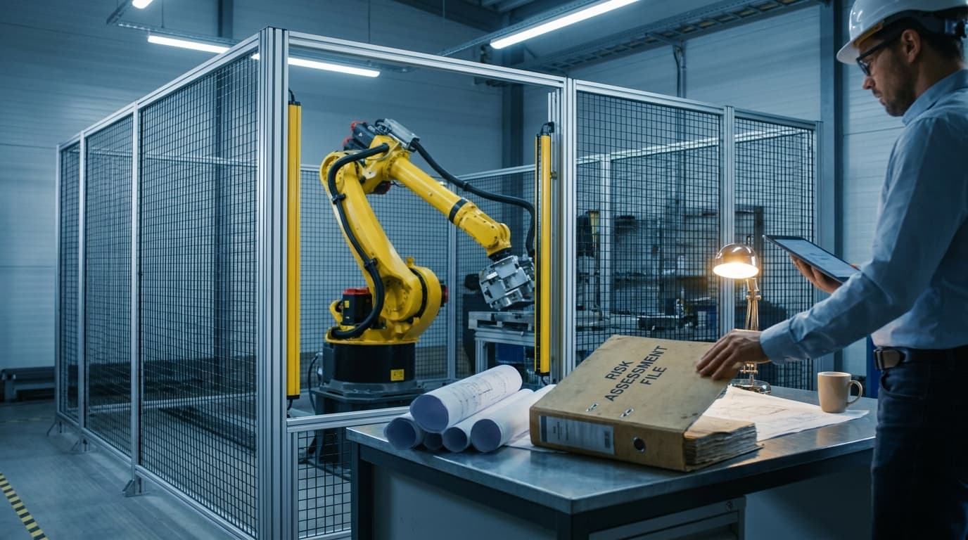 Fenced industrial robot cell with light curtain on a plant floor, illustrating ANSI R15.06 2025 requirements