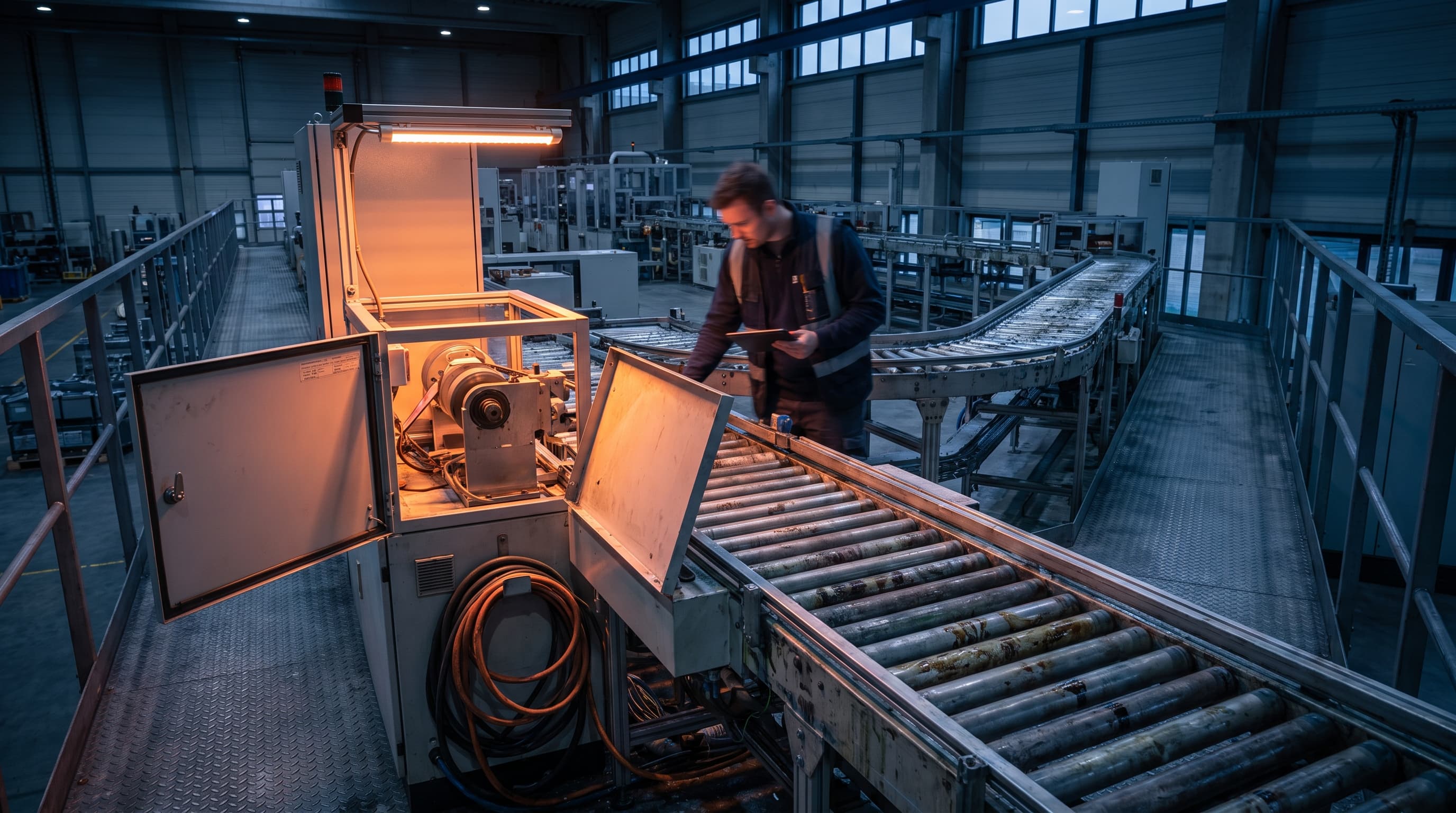 An elevated view down a battery production line at dusk, with one workstation in sharp focus and a technician checking an open equipment panel in the blurred distance.
