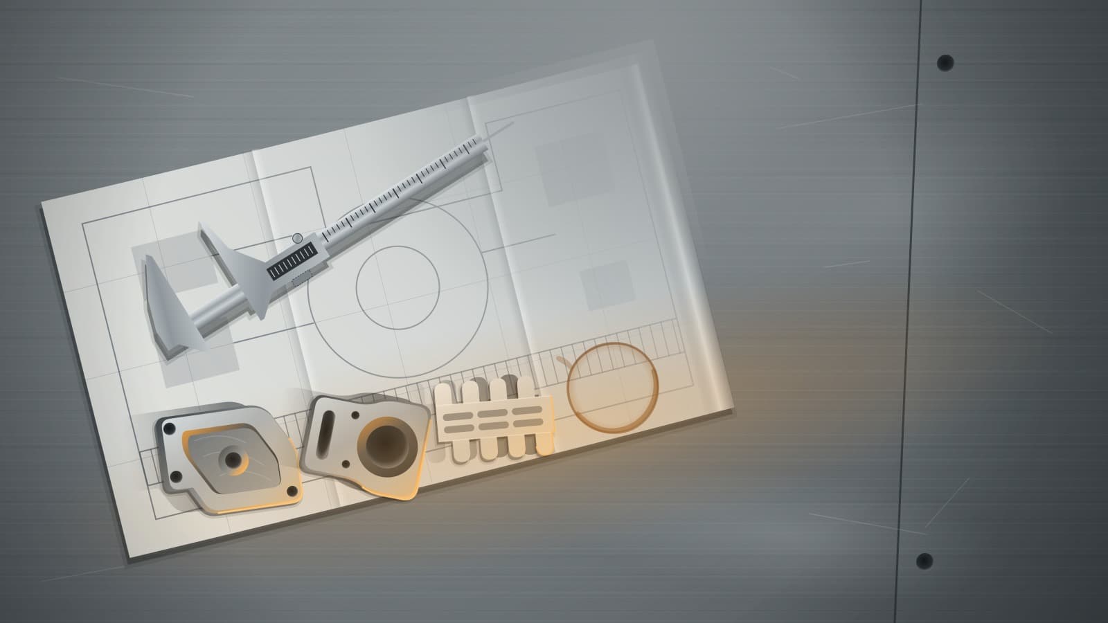 Overhead view of a steel workbench with an unrolled robot cell layout drawing, calipers, a machined metal bracket, a plastic conveyor link and a dried coffee ring under soft light with one warm amber glow.