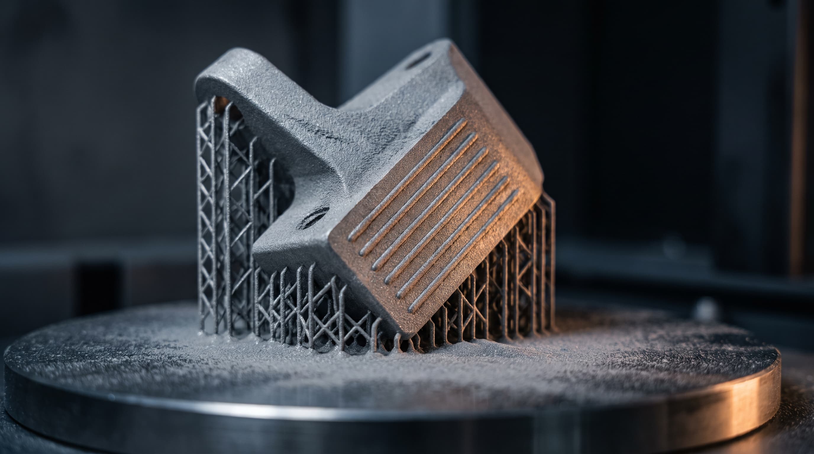 Macro view of a titanium bracket still attached to its support lattice on a metal 3D printer build plate, powder dust clinging to laser scan-track striations under raking amber light.