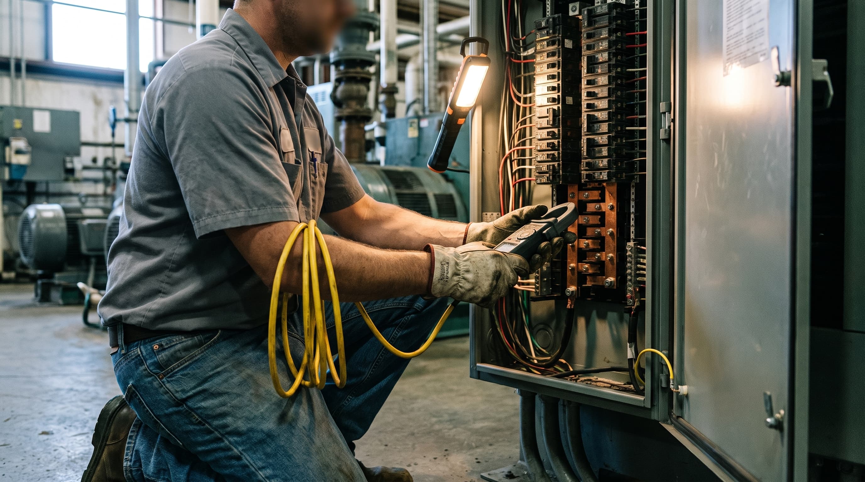 Engineer clamping a current transformer to a motor control panel during an industrial energy audit cost savings review