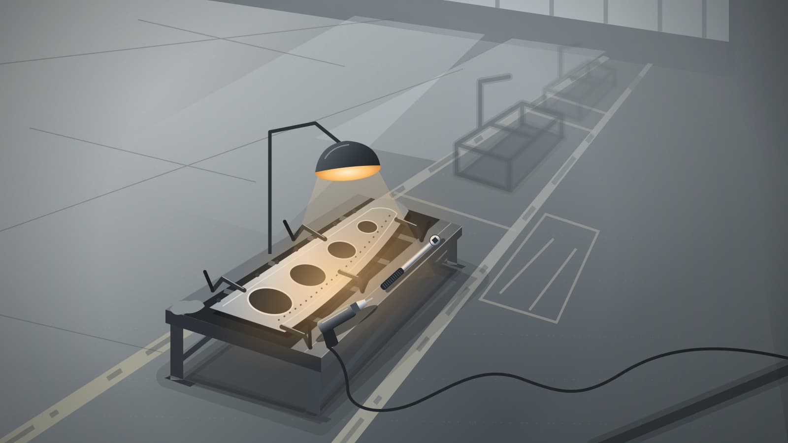 Illustration from above of a quiet aircraft parts assembly line. One lit workstation holds a clamped aluminum panel with a drill and torque wrench resting beside it, and empty fixtures stretch away into soft focus under cool grey light.
