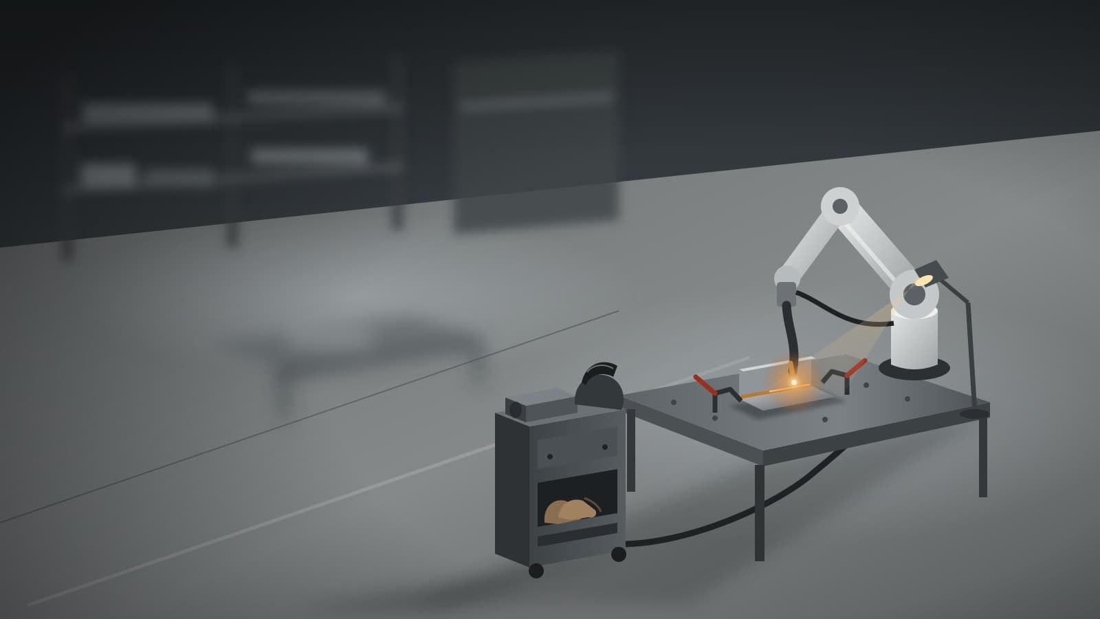 Illustration of a collaborative welding arm paused over a clamped steel bracket on a fixture table, with a cart, wire feeder, and abandoned gloves and helmet, in a blurred fabrication shop of grey steel and concrete with a warm amber glow at the torch.
