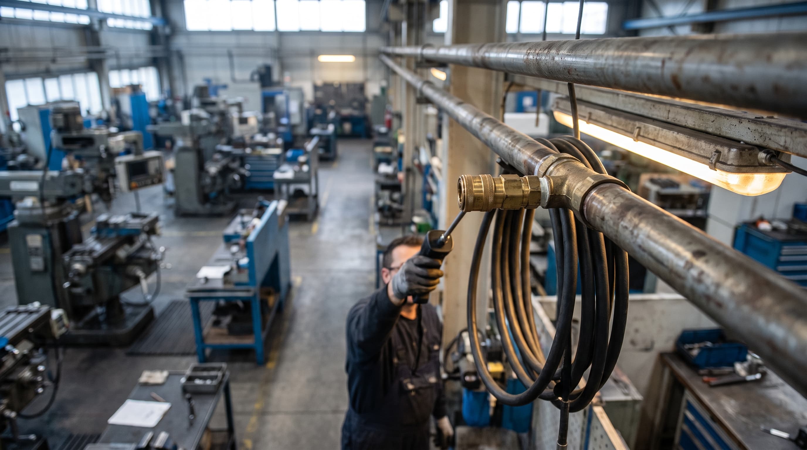 Technician using an ultrasonic detector for compressed air leak detection on a pipe fitting in a factory