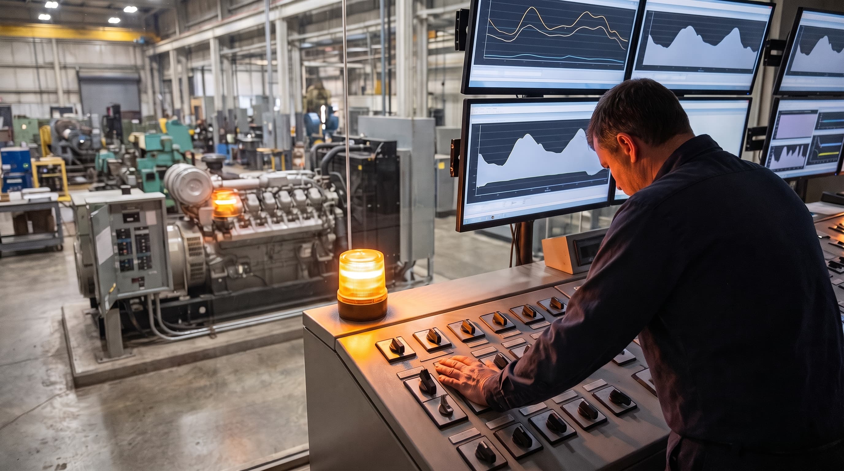 A facilities engineer in a dim plant control room watches glowing load monitors with the factory floor visible beyond the glass.