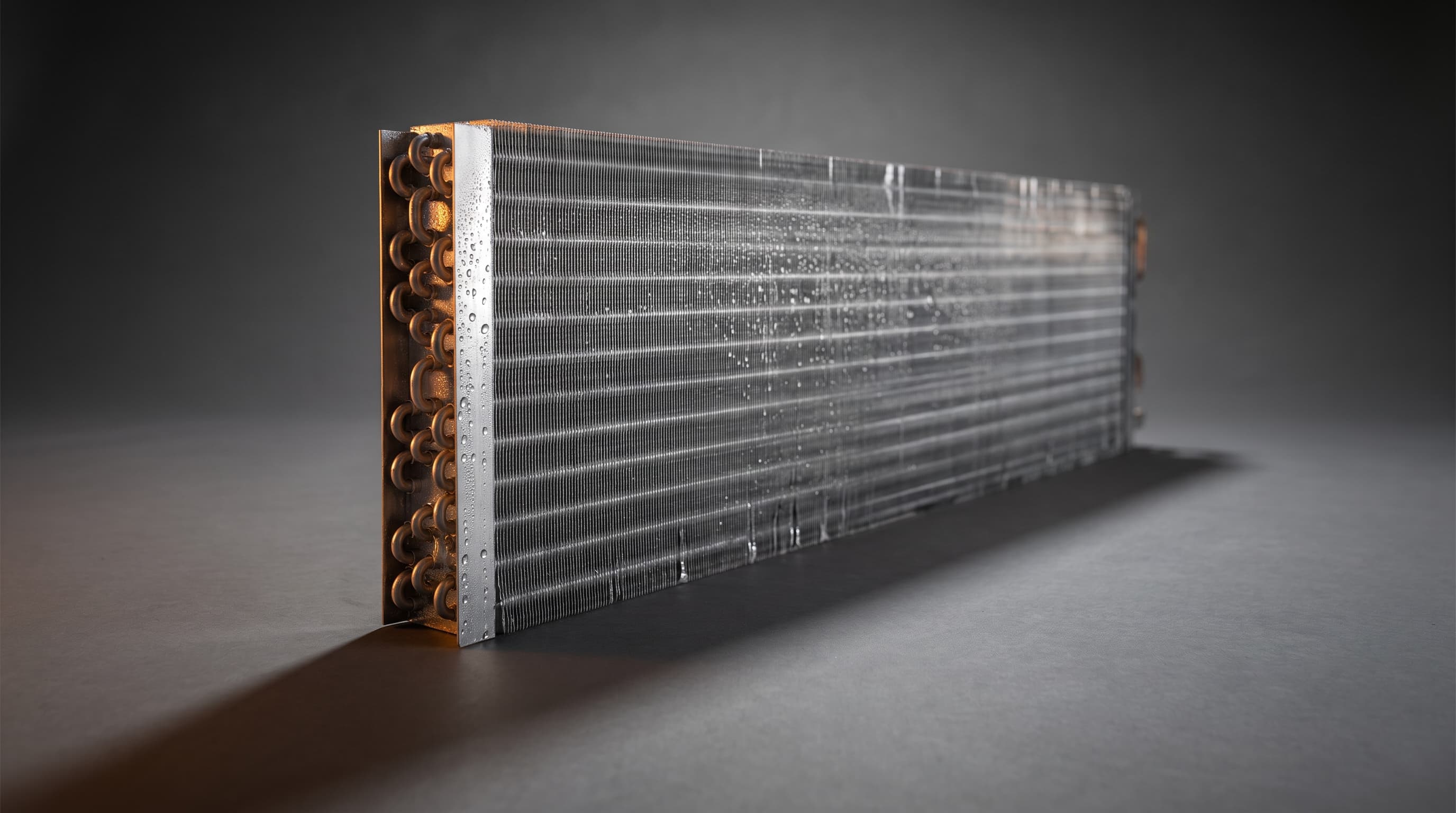 A finned aluminum heat-exchanger coil beaded with condensation, lit by a single raking studio light against a dark seamless backdrop.
