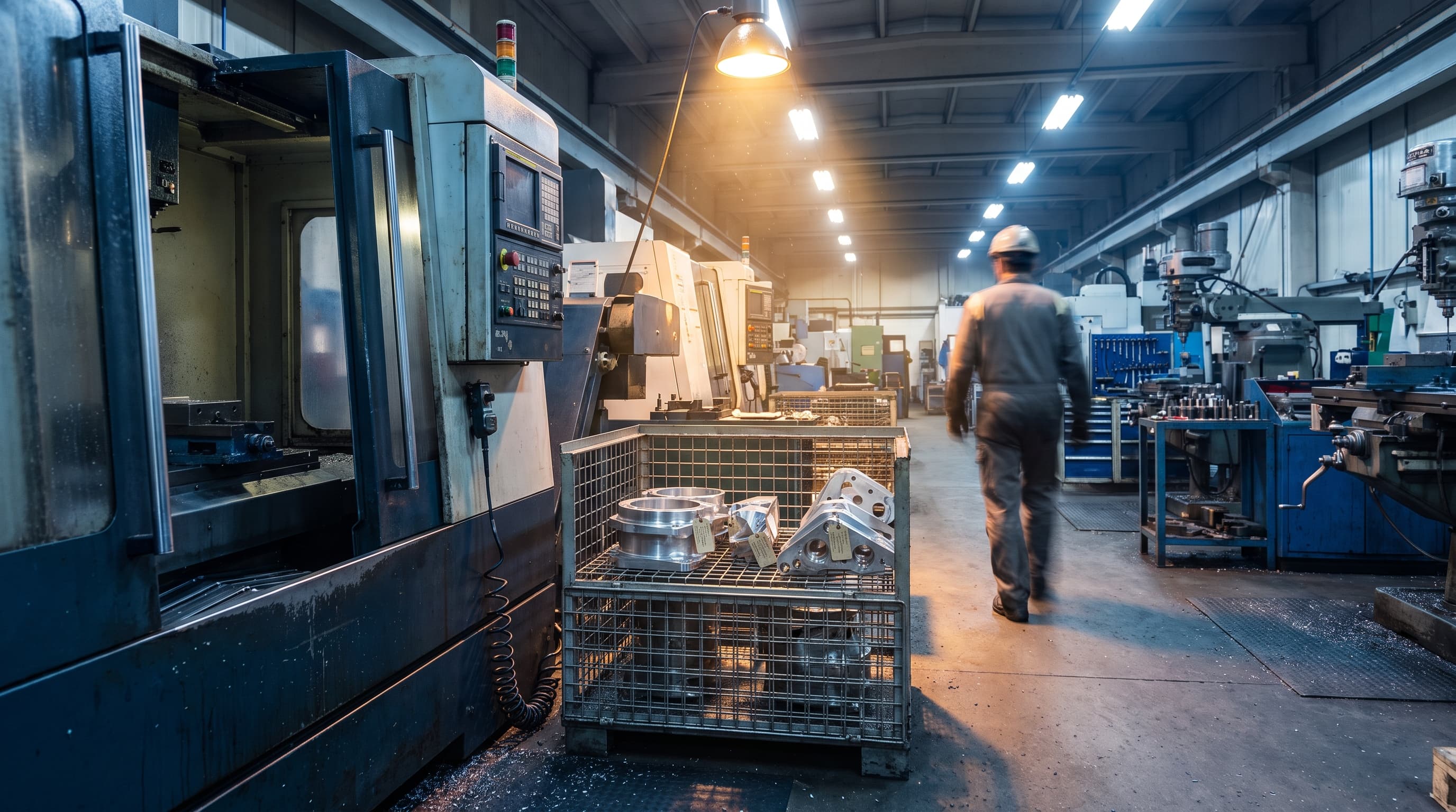 A wire mesh parts-hold cage on a machine shop floor holding several tagged machined metal components, with a CNC mill sharp in the foreground and a machinist blurred by motion walking past in the background.