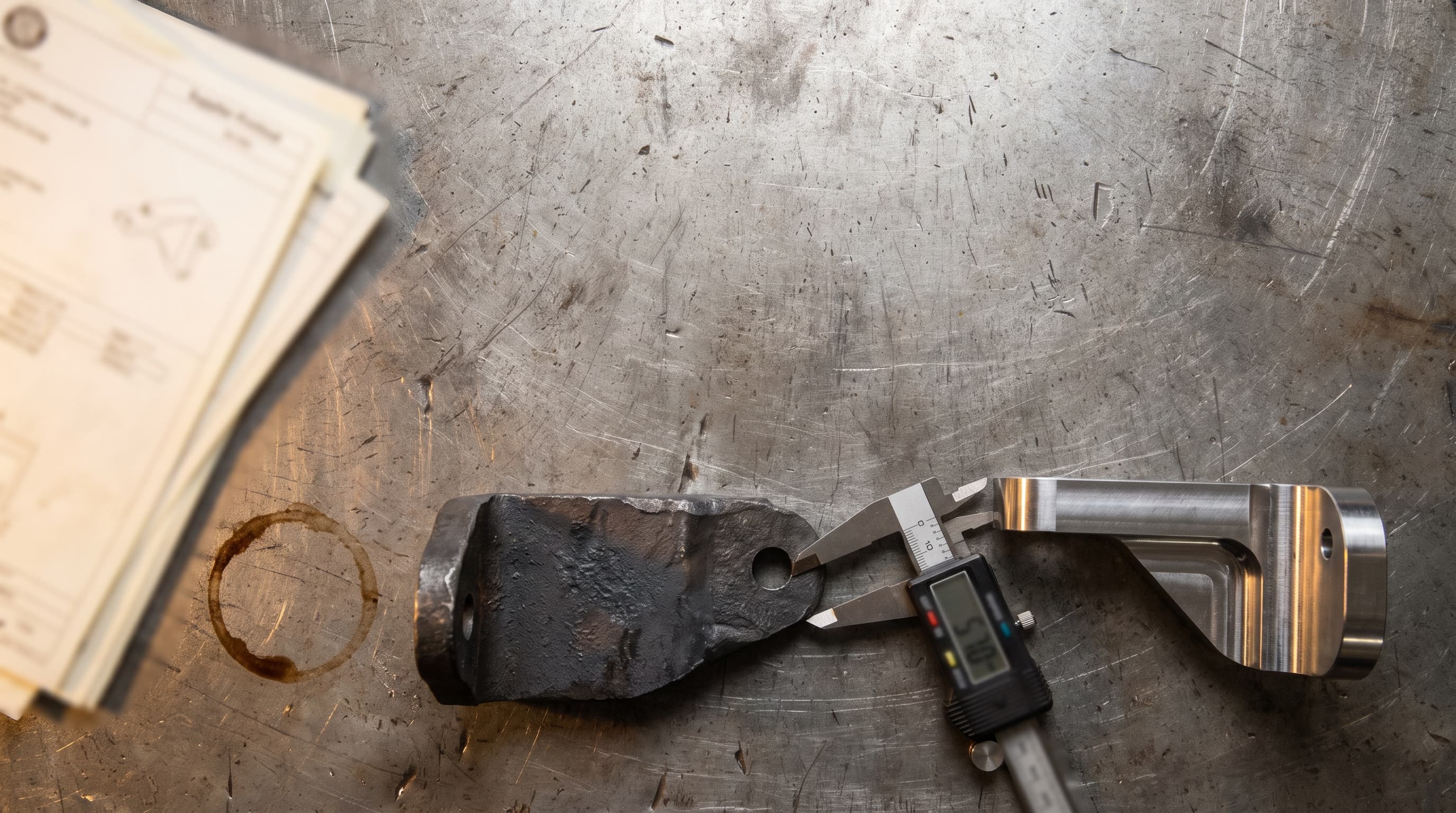 Overhead view of forged and machined metal bracket samples and a digital caliper on a steel workbench, with blurred paper printouts and a coffee ring nearby.