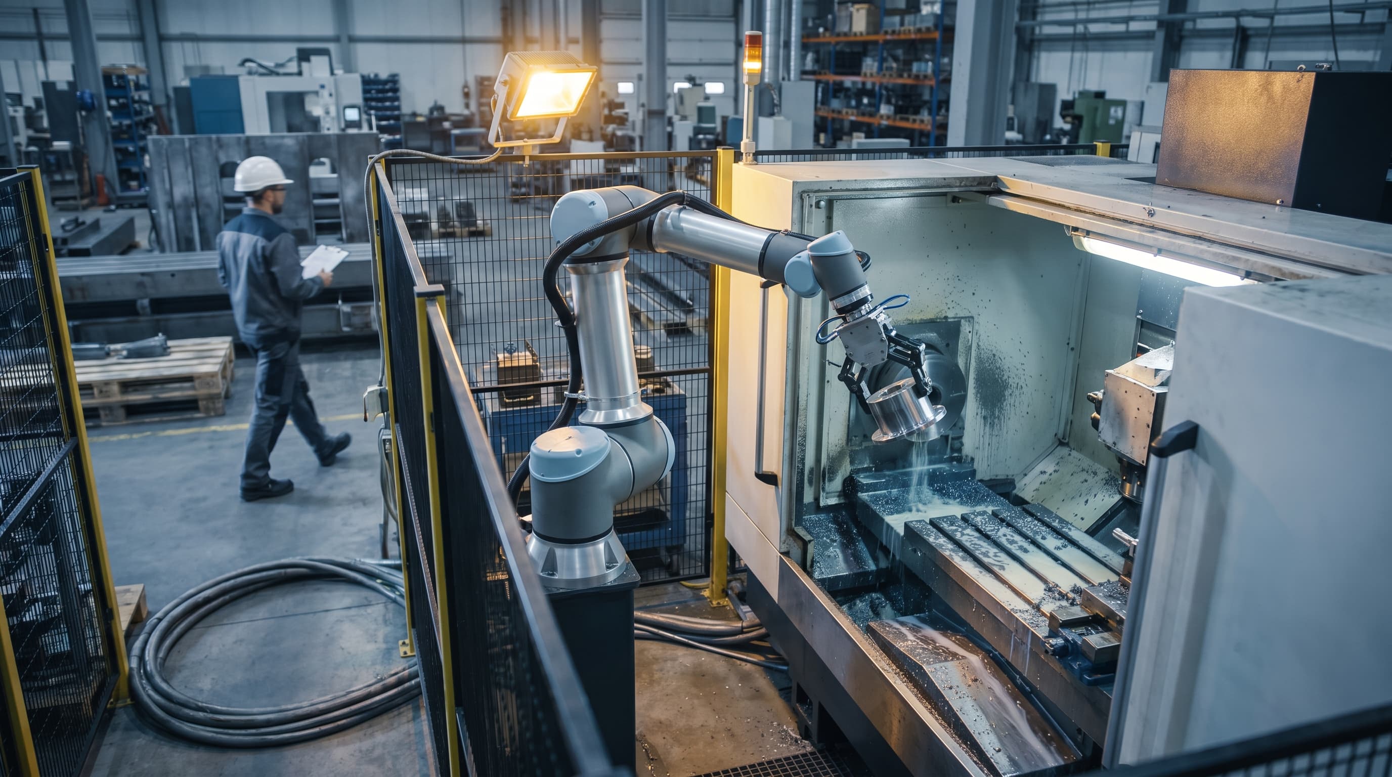 A robot arm lifts a metal cylindrical part from an open CNC grinder on a factory floor, with a technician blurred in the background.