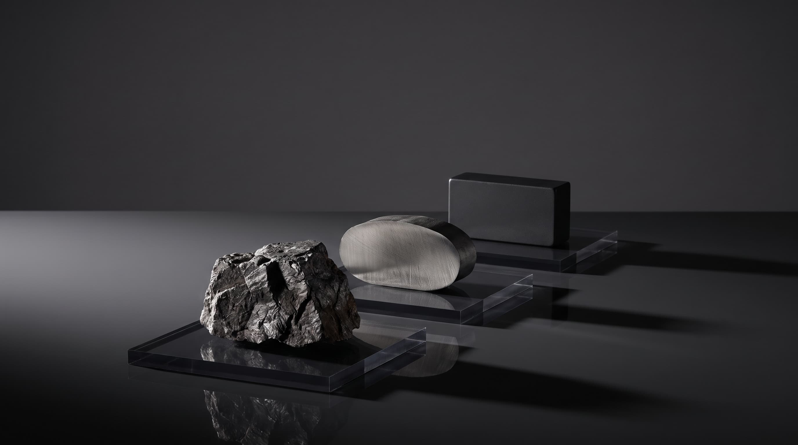 Three objects arranged in a row on a dark reflective surface: a rough raw ore chunk, a cut metal ingot slice, and a finished black magnet block, each lit by a single raking light with long shadows.