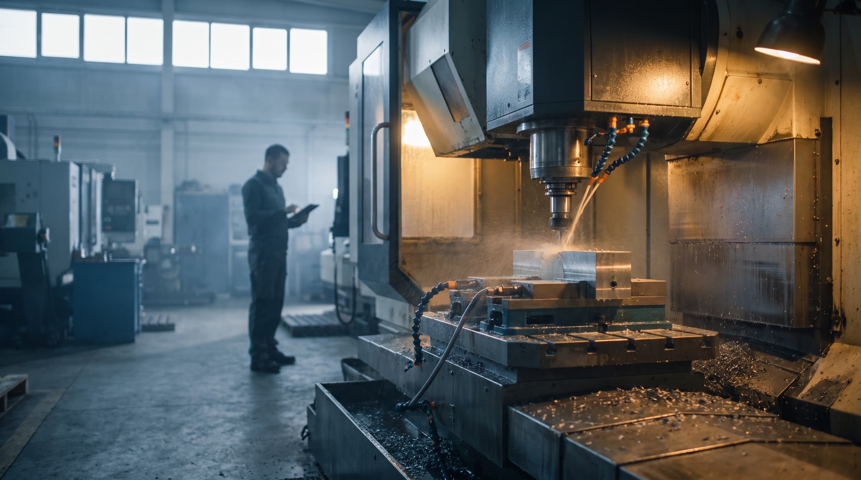 A CNC machining center cutting steel under coolant mist on a factory floor, with a supervisor blurred in the background holding a tablet.