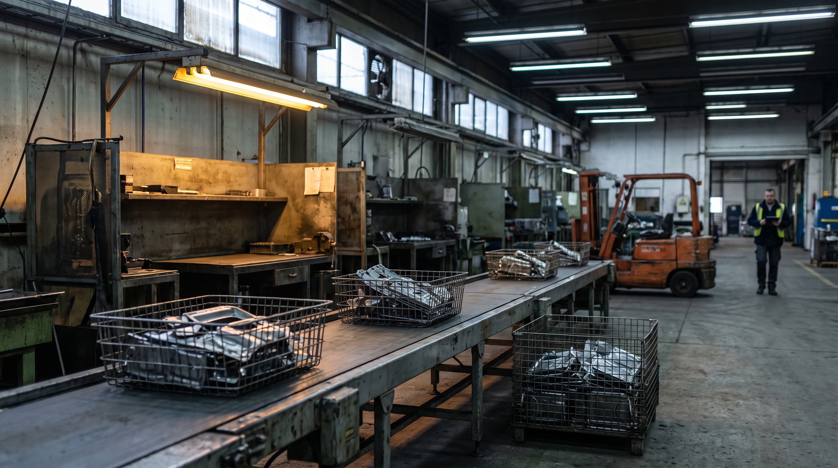 A stopped factory conveyor line holding racks of stamped metal parts under a warm overhead light, with a blurred worker walking past in the distant background of an otherwise idle plant floor.
