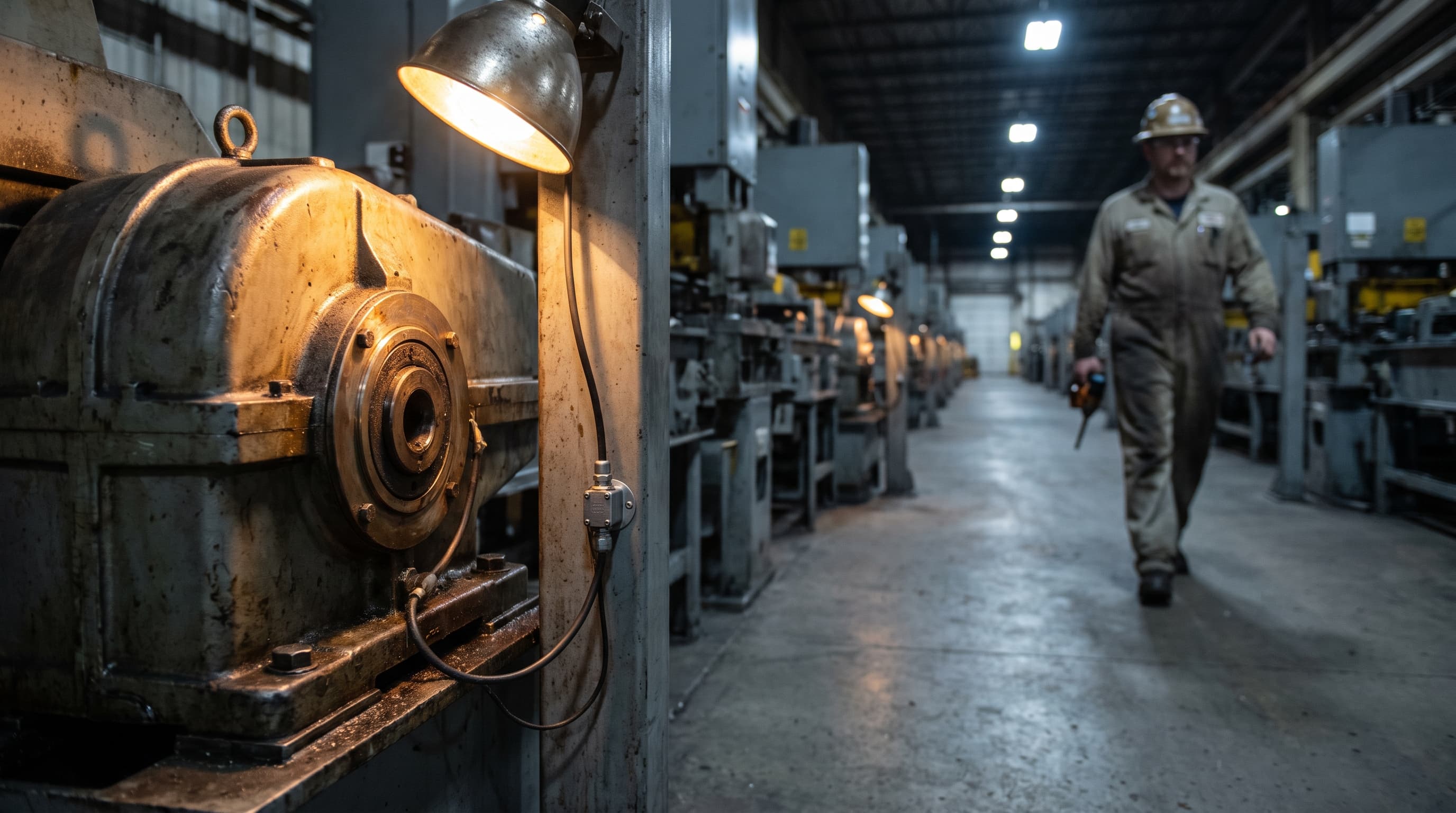 A large gearbox with a small vibration sensor mounted on its housing stands sharp in the foreground of a factory line while a maintenance worker walks blurred in the distance.