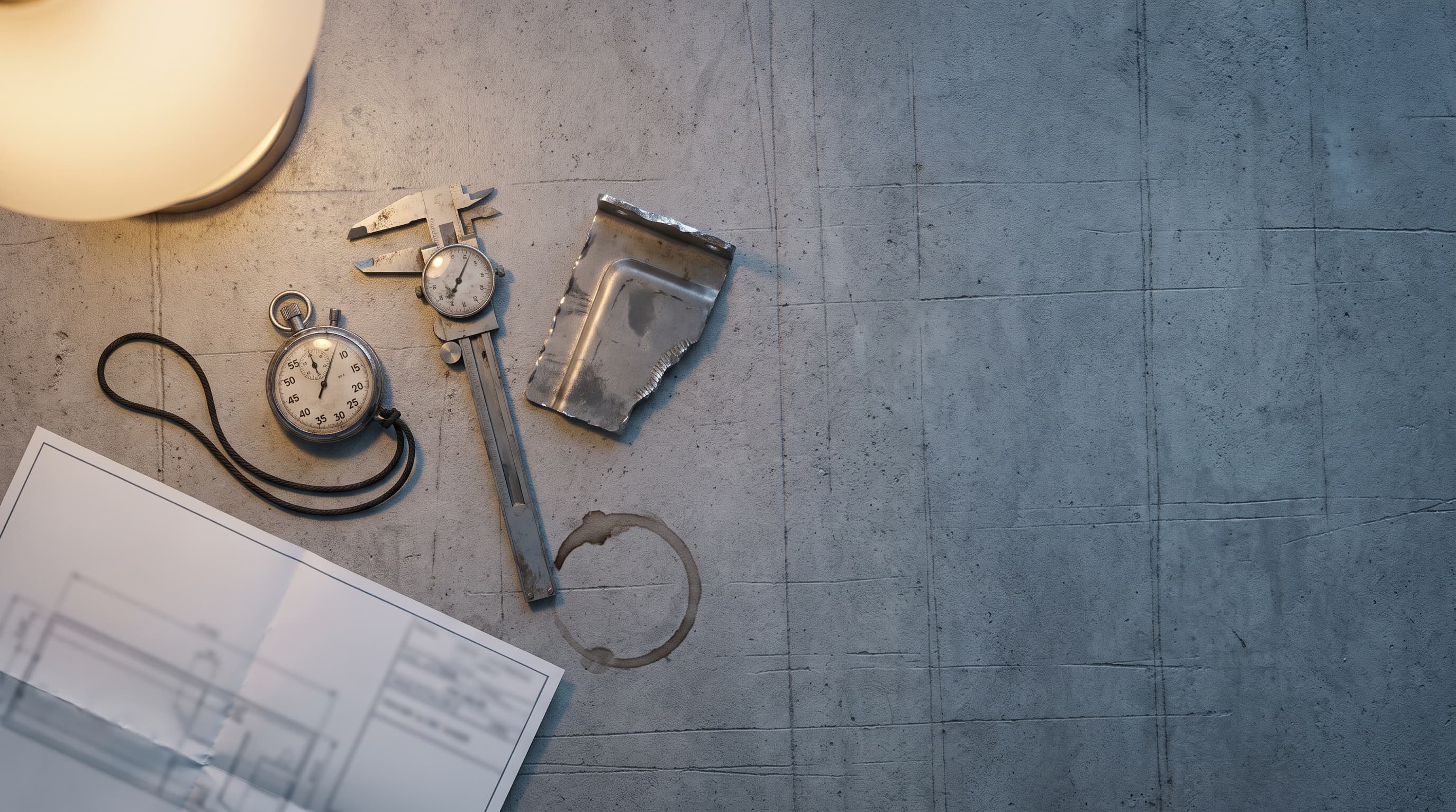 Overhead view of a stopwatch, a caliper, and a stamped steel bracket sample arranged on a concrete workbench beside a blurred blueprint sheet and a coffee ring.