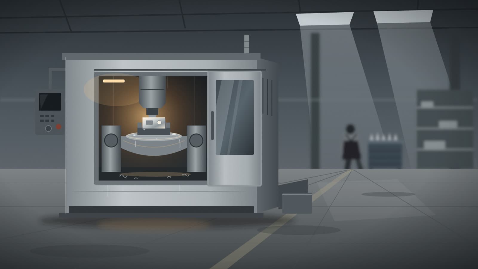 A five-axis machining center with its door open and a freshly machined aluminum part in the fixture, while a machinist is blurred in the background of a concrete-floored job shop.