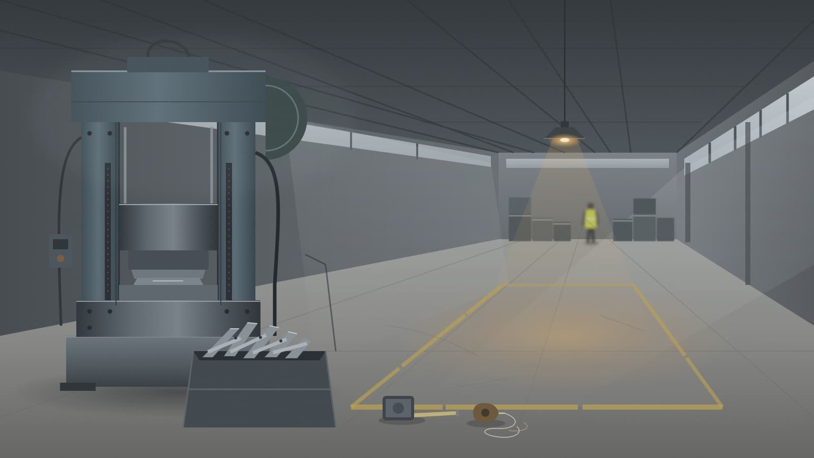 Wide view of a stamping shop floor with a steel press and bins of stamped parts in sharp focus, a taped-off empty bay on bare concrete beside it, and a distant worker walking away under grey light and one warm lamp.
