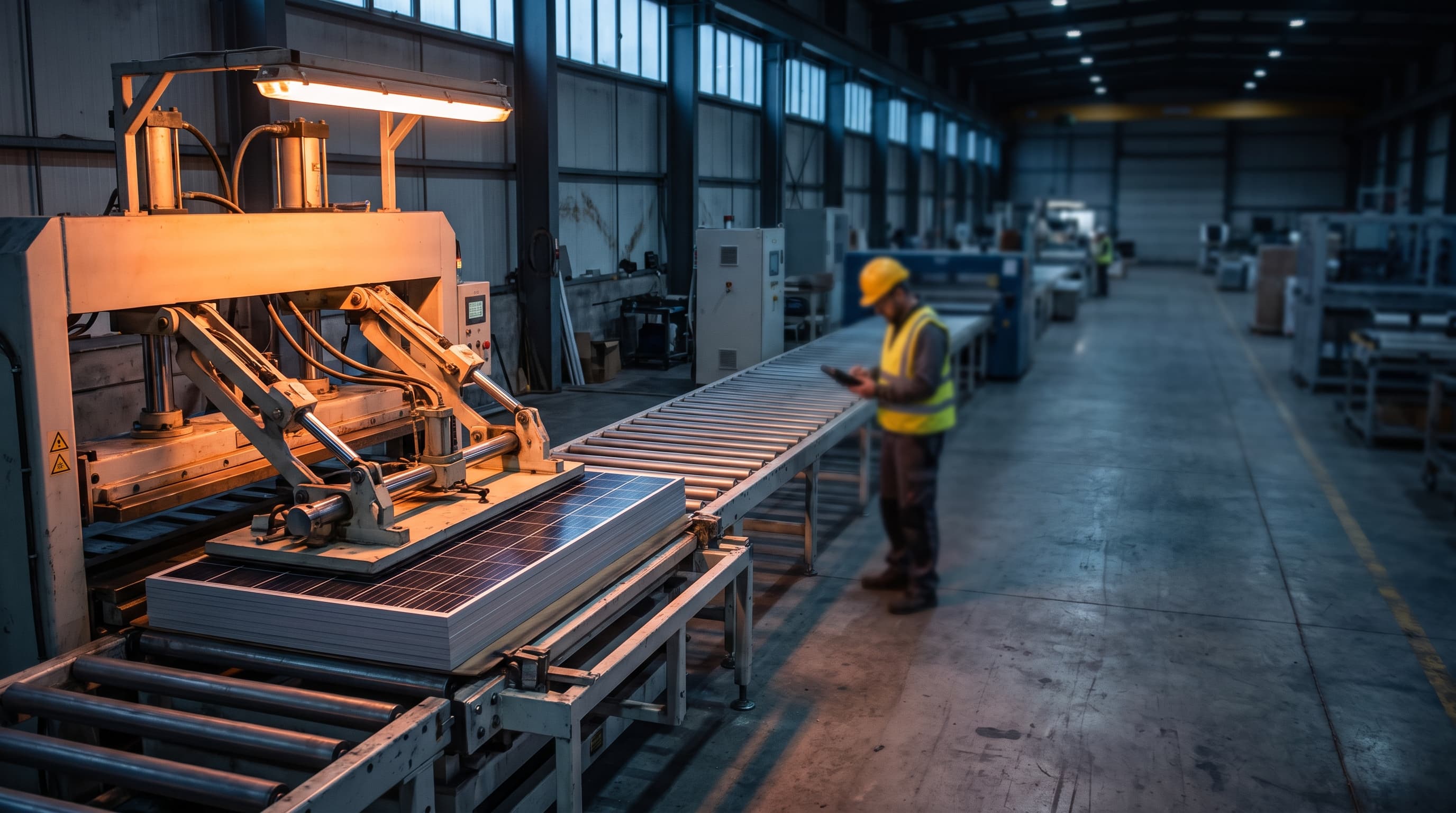 Wide factory floor view of a lamination press finishing a solar module while a line worker is blurred in the background under warm task lighting.