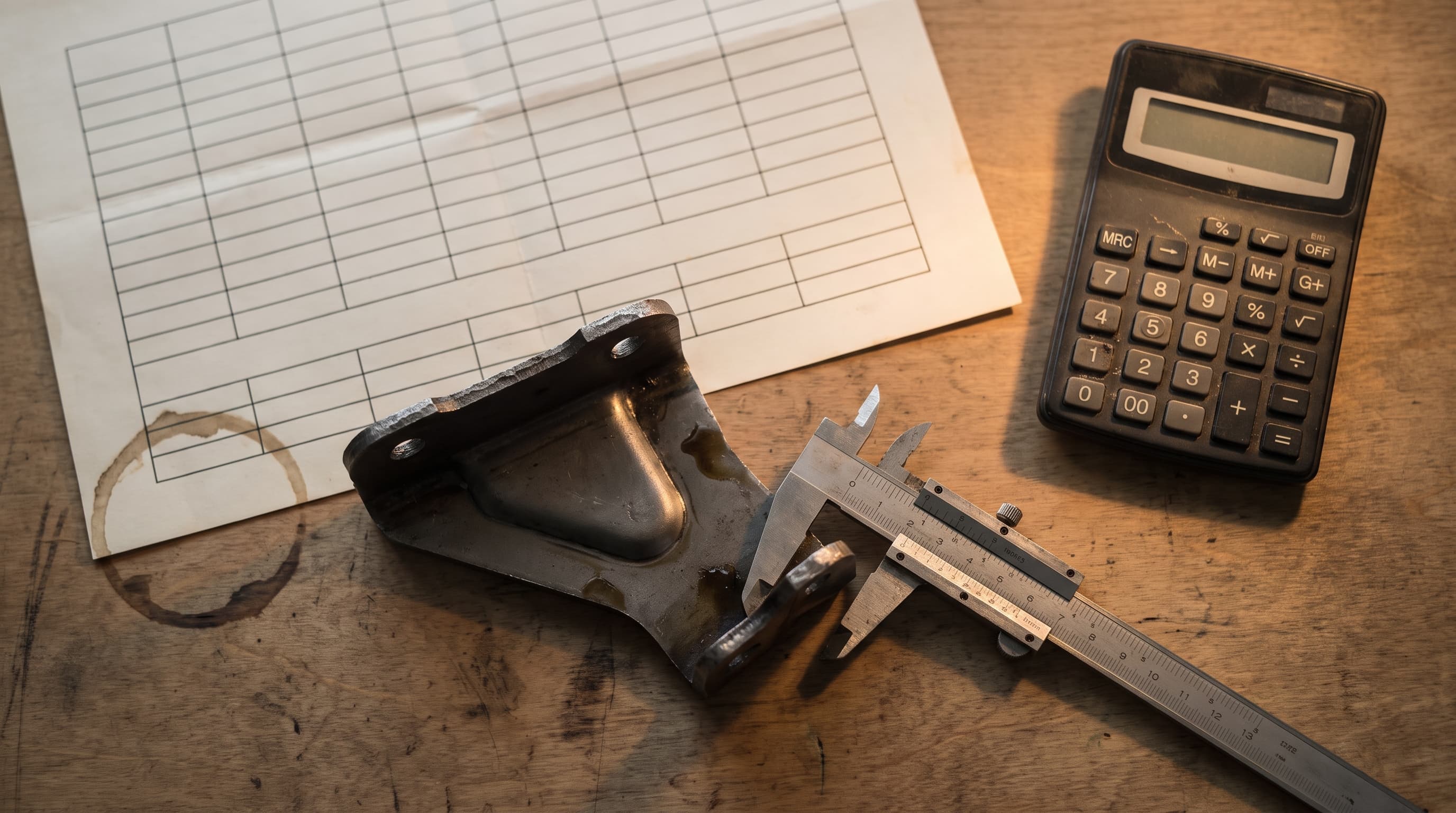 Overhead view of a stamped metal bracket, calipers, a calculator and a blank paper schedule grid on a workbench, with a coffee ring near the edge.