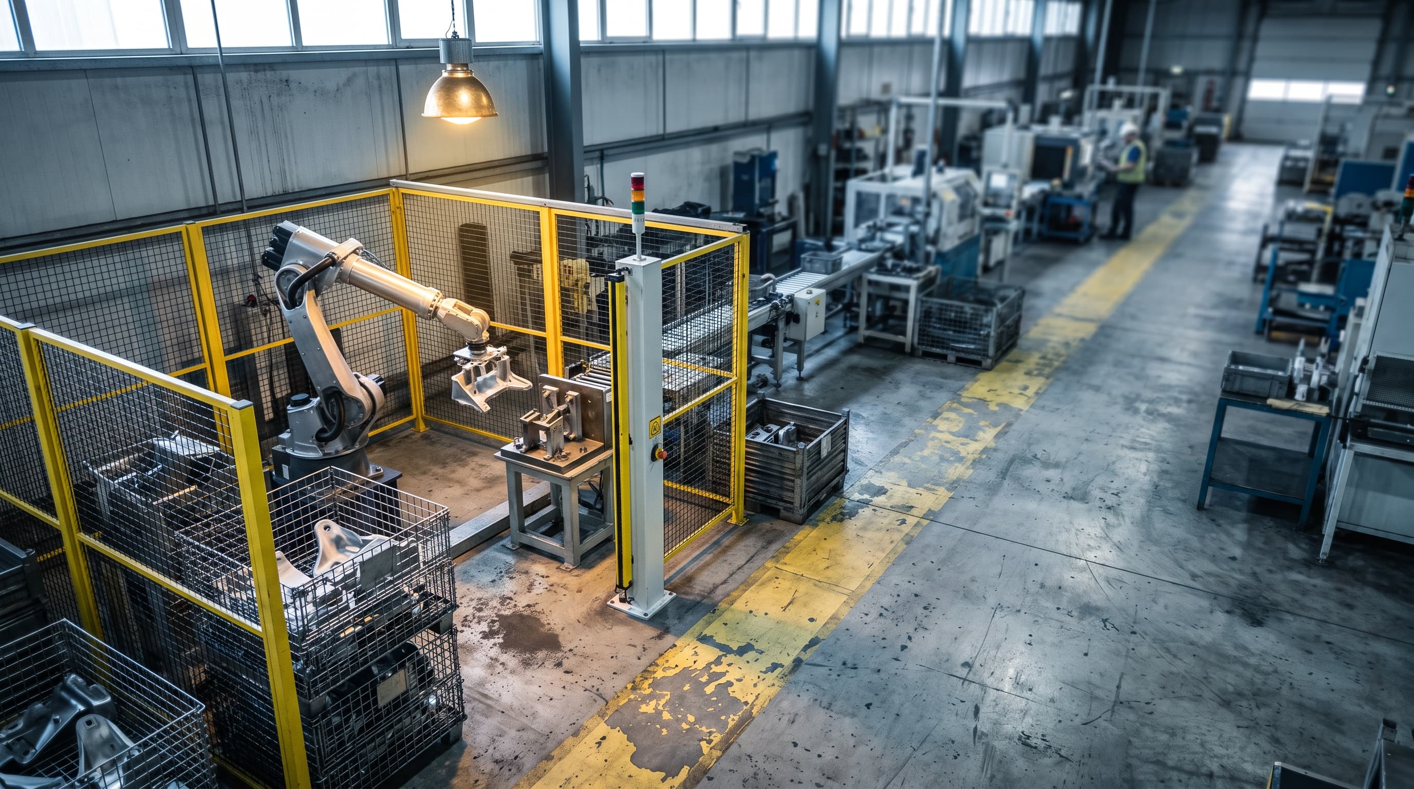 Looking down from a catwalk, a robot arm in a guarded cell lifts a metal bracket from a steel tote toward a fixture, while the rest of a supplier's production line blurs behind it under a single warm lamp.