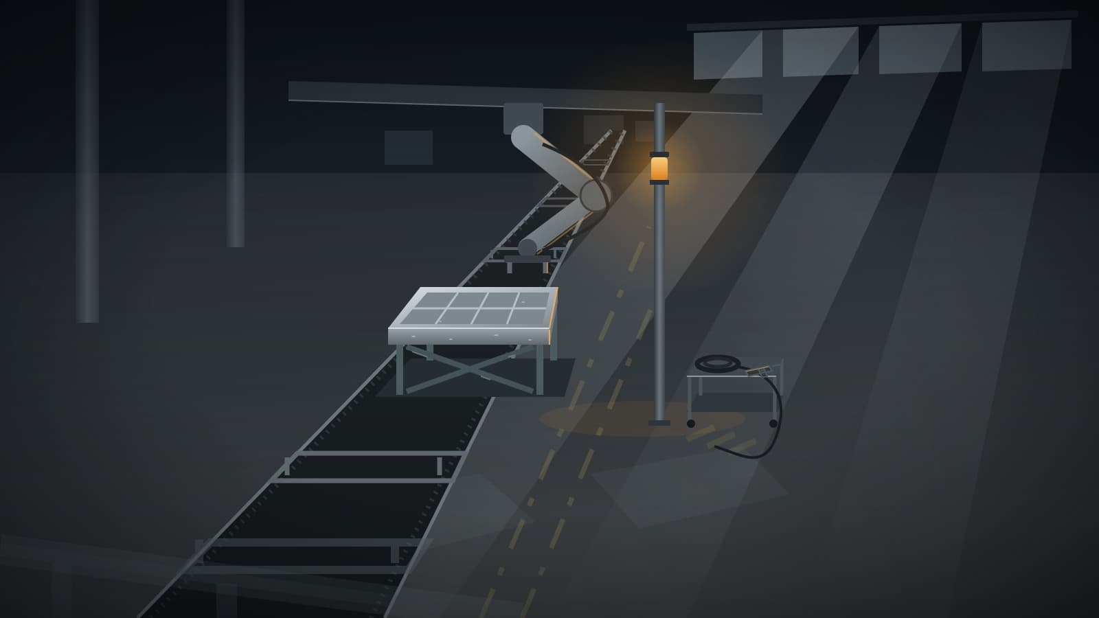 Illustrated elevated view of an idle automated assembly line in which a bare aluminium battery tray sits in a fixture under a stopped robot arm, with empty conveyor carriers behind it and a single amber beacon glowing on a steel column.