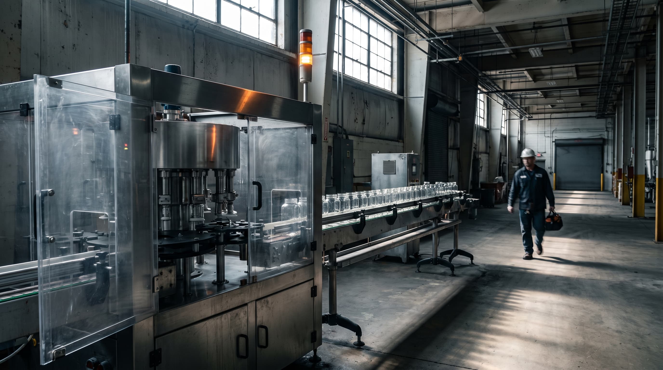 A stopped packaging line in a wide factory hall, with a filler machine's guard door open, a row of unlabeled glass jars halted on the conveyor, an amber beacon glowing above, and a blurred maintenance worker walking toward it in the distance.
