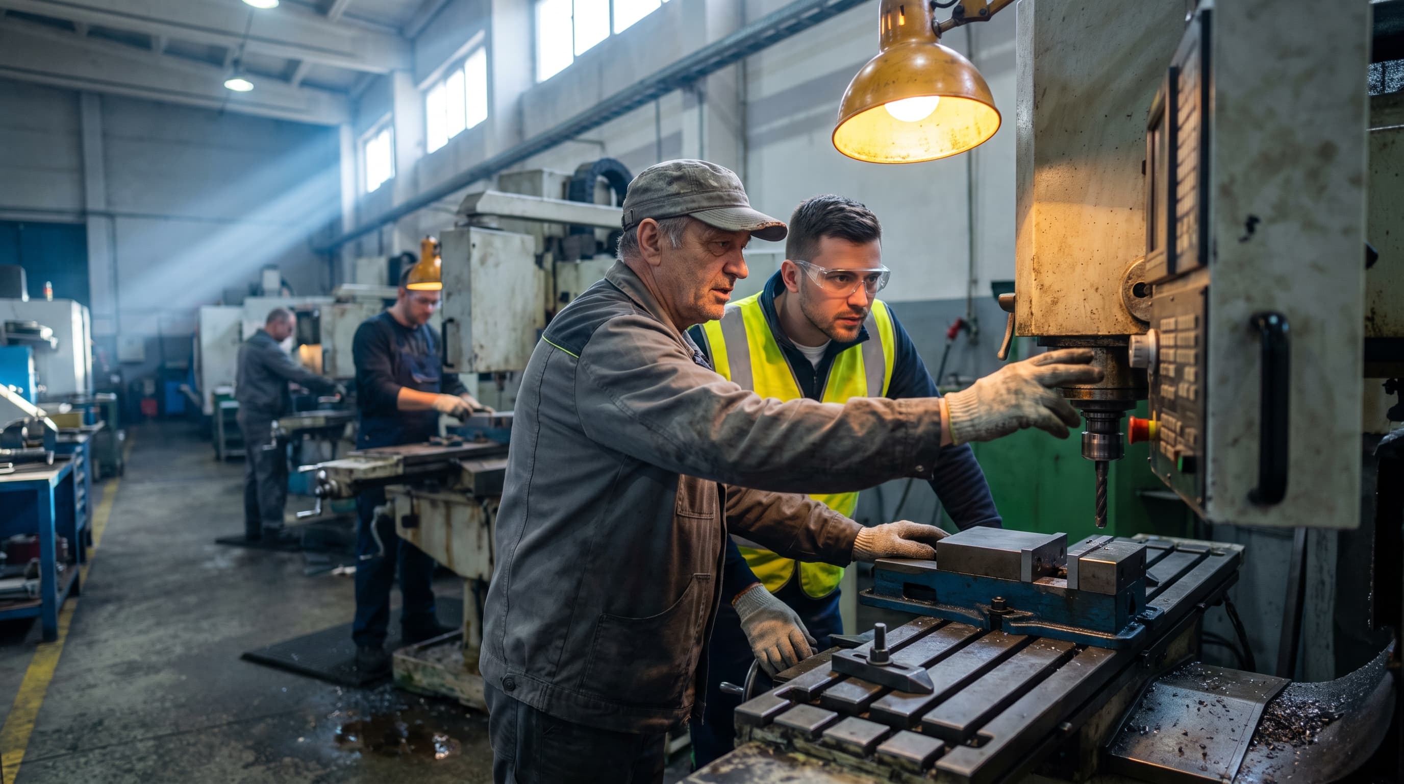 A veteran machinist shows a younger worker in new safety gear how to set up a CNC mill on a plant floor lit by high windows and one warm work lamp, with a second worker blurred at a distant station.