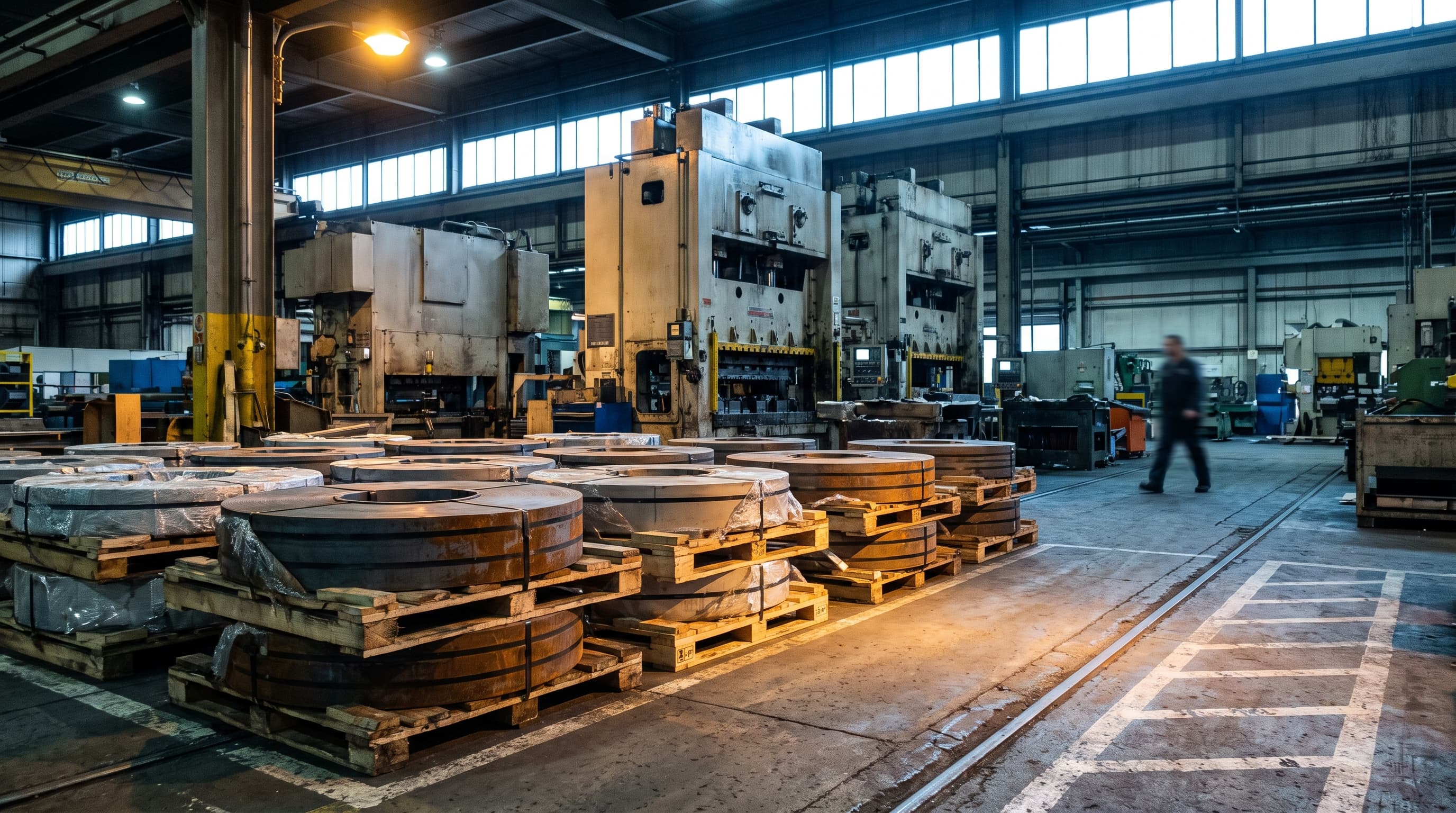 Wide shop-floor view of weathered steel coil and aluminum sheet stock staged near a stamping press, lit by a warm overhead light against cool factory shadows, a worker blurred in the distance.
