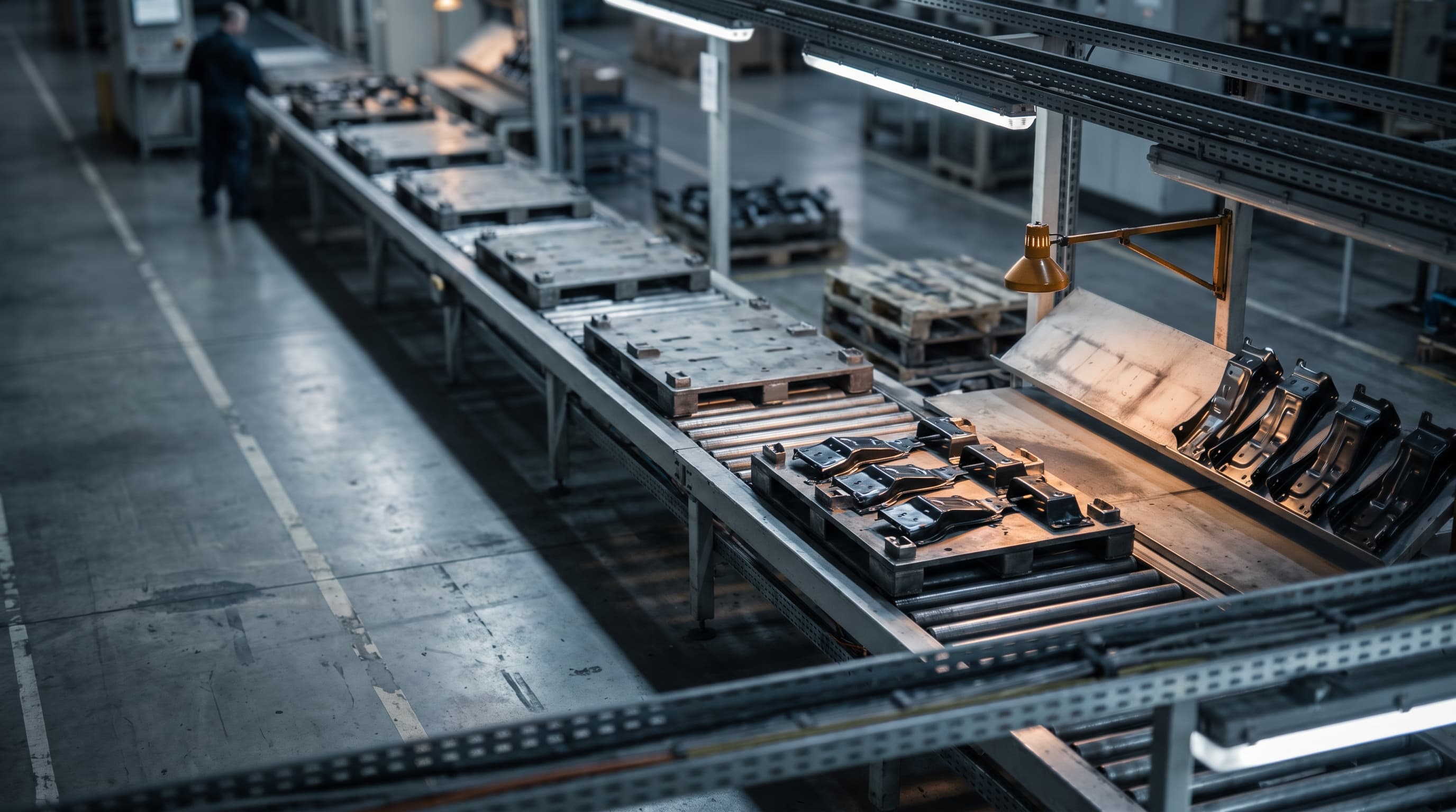 Looking down a dim auto parts assembly line, fixture pallets sit far apart on the conveyor, and one workstation with stamped steel brackets glows under a single warm lamp while the rest of the line falls out of focus.