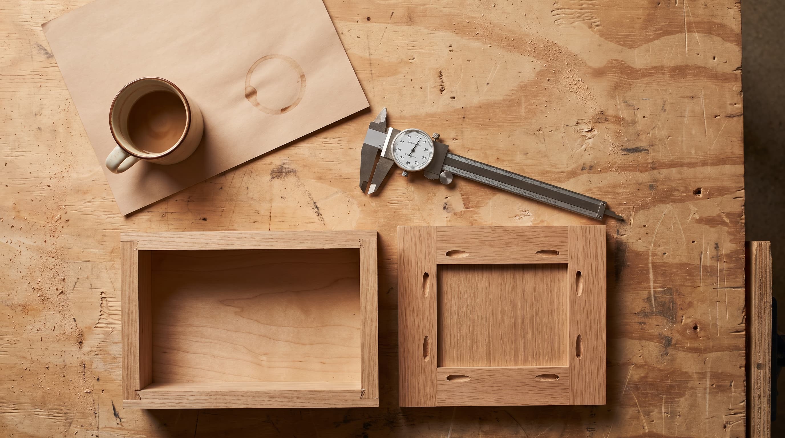 Overhead view of a frameless cabinet box corner and a framed cabinet face-frame corner laid side by side on a workbench, with calipers measuring one and a coffee-ringed blank sheet nearby.