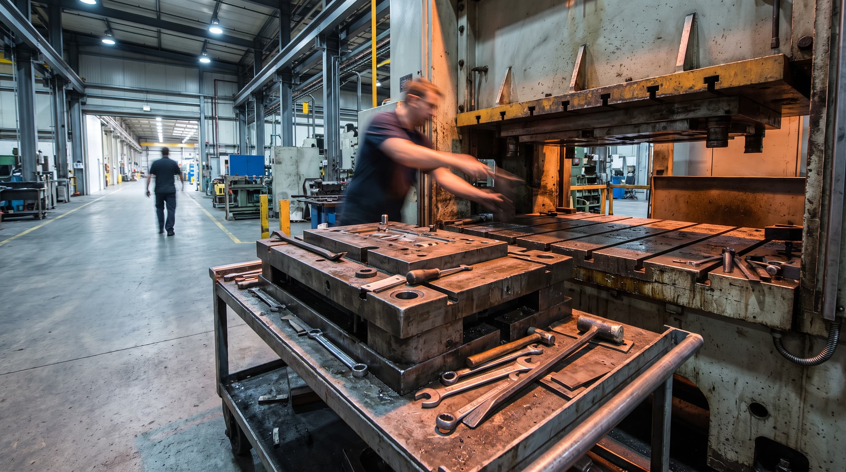 A technician swaps a heavy stamping die on a factory press while a colleague passes blurred in the background corridor.