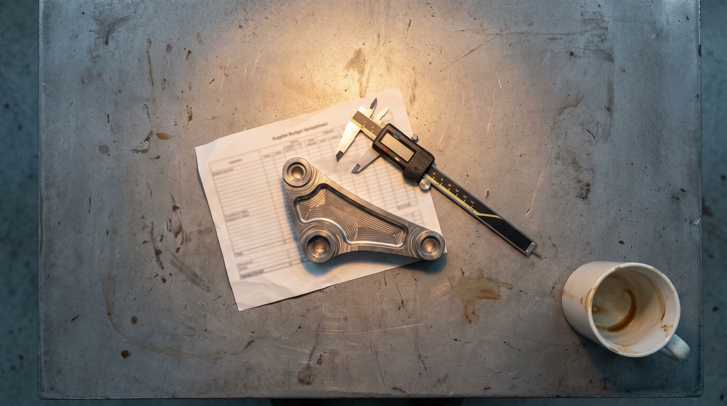 Overhead view of a machined titanium bracket and open calipers resting on a blurred spreadsheet page on a steel workbench, lit by a single warm overhead lamp, a coffee mug with a ring stain in the corner.